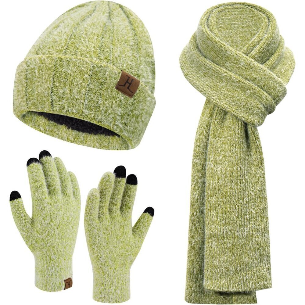 Women's Green Warm Knit Beanie Hat Touchscreen Gloves Long Neck Scarf Set